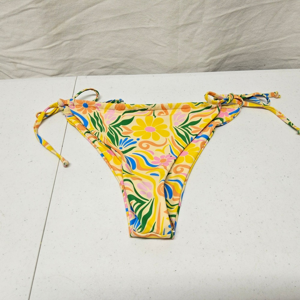 Aurelle Bikini Bottom Women Size M Yellow Floral Psychedelic Retro Side Tie